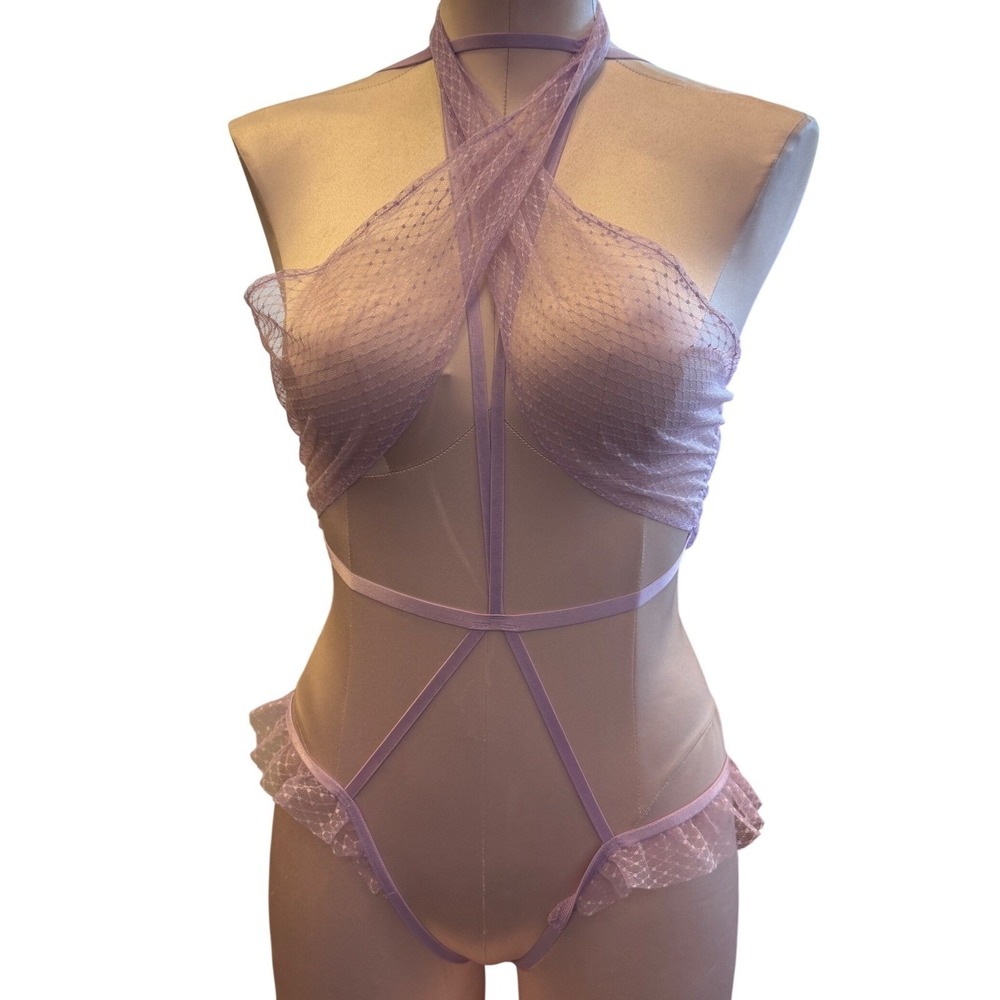 Victoria's Secret Lavender Purple Dobby Mesh Strappy Ruffle Teddy Bodysuit L NWT